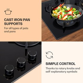 Klarstein Goldflame 3, gázfőzőlap, 3 Messing égő, üvegkerámia