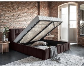 Sötétbarna kárpitozott ágyneműtartós franciaágy ágyráccsal 180x200 cm Lamica – ELTAP