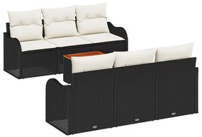 7 Darabos Kerti Kanapé Készlet Párnákkal, Fekete Poli Rattan, Akáccsal