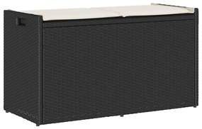 Fekete polyrattan kültéri tárolópad párnával 100 cm