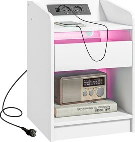HOMCOM Éjjeli Szekrény LED Világítással, Fiokkal, Polccal, Töltőállomással, USB Csatlakozókkal és Távirányítóval 40x40x58 cm Fehér | Aosom
