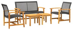 5 részes fekete polyrattan és akácfa kerti társalgógarnitúra