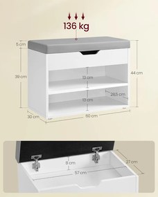 Cipőspad, pad párnázott ülőfelülettel 30x60x44 cm, fehér