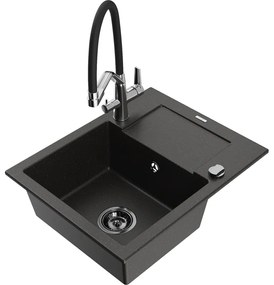 Mexen Enzo gránit mosogató 1 medencés lefolyóval és Duo konyhai keverőcsappal, fekete/arany metál - 6506-75-671701-07-B