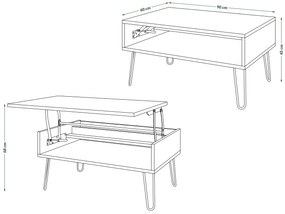 Mazzoni HAIRPIN S-90 Barna Tölgy/Fekete Matt - MODERN DOHÁNYZÓASZTAL MEGEMELHETŐ ASZTALLAPPAL + TÁROLÓRÉSSZEL + POLCCAL