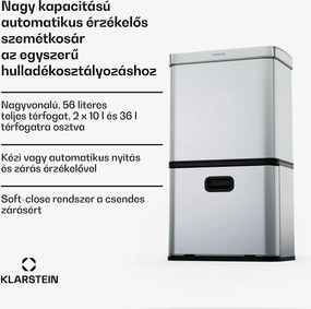 Klarstein Touchless, szenzoros szemétkosár, 56 l, rozsdamentes acélból, 3 kosár, Soft-Close záródás, elemmel működő, LED kijelző, időzítő