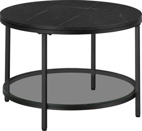 Dohányzóasztal, műmárvány asztallap, edzett üveg polc, márvány fekete, fekete, 65cm átmérő