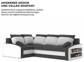 Grande sarokkanapé polcokkal , polc a jobb karfaban, baloldali, szövet anyag, hab töltet, szürke - fehér