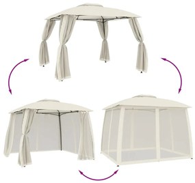 krémszínű acél dupla tetős pavilon hálós falakkal 2,93 x 2,93 m