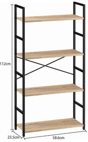 Nyitott könyvespolc, tároló állvány fém lábakkal | 4 szintes aranytölgy | 59x112cm Intenso