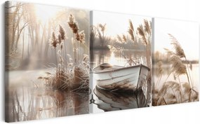 Vászonkép triptichon falra nappaliba csónak tó bézs 60x120
