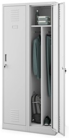 Pléh öltözőszekrény talpazaton, kétmodulos, polccal és köztes fallal KACPER, 800 x 1800 x 500 mm, szürke