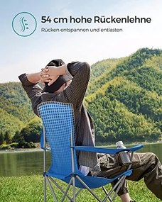 2 db összecsukható kempingszék, kényelmes, max. terhelhetőség 150 kg, pohártartóval, kék