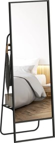 HOMCOM Álló Tükör 157 x 50 cm Téglalap Alakú Polccal, 2 Horoggal, Fém Kerettel, Nagy Tükör, Öltöztető Tükör Hálószobához, Nappalihoz, Előtérhez, Feket