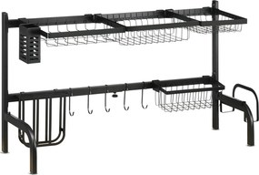 HOMCOM Edény Szárító Rack, 2-Színt Edény Szárító Állvány, 51-93 cm Edény Rack Kampókkal, Folyóka a Konyhai Mosogatóhoz, Acél, Fekete | Aosom