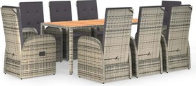 vidaXL 9 részes szürke polyrattan kerti étkezőgarnitúra párnával