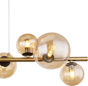 Globo 56135-9H Függeszték fém fekete matt, fém sárgaréz matt, üveg borostyán, HxSzxM: 866x360x1200mm, üveg méret 4X ø: 10 cm, 3x ø: 12 cm, 2 x ø: 15 cm, tartozék 9x G9 LED 3,5W 230V, forrás 80lm kimenet, 3000K, 10676 LED izzóval