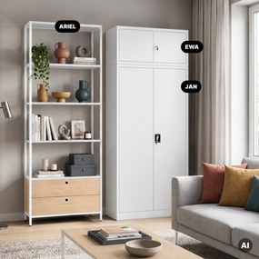 Polc fiókokkal irodába, iratrendezőkhöz és dokumentumokhoz, nyitott polcok, fém, fehér/sonoma tölgy, 800x2200x400 mm: ARIEL Eco Design