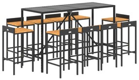 11 részes fekete polyrattan és tömör akácfa kerti bárszett