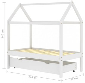 fehér tömör fenyőfa gyerekágykeret fiókkal 70 x 140 cm