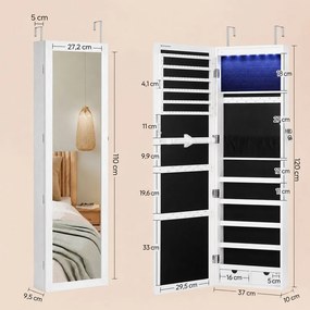 JEWELIA fali ékszertartó tükörrel és LED világítással, 10x37x120 cm, fehér SongmicsHome