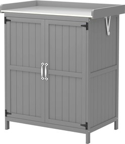 Outsunny Kerti Szekrény Fa, Időjárásálló Szerszámtároló 74x43x88cm, Szerszámos Ház Felemelkedő Tetős Polcokkal, Munkaasztallal, Szerszámszekrény, Kert