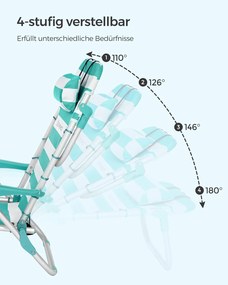 Strandszék, összecsukható kempingszék, hordozható kültéri szék, állítható háttámlával, zöld és fehér
