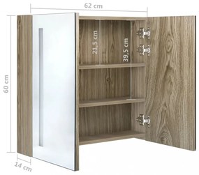tölgyszínű LED-es tükrös fürdőszobaszekrény 62 x 14 x 60 cm