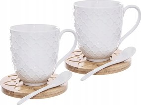 2X Porcelán Bögre Alátét Bambusz Teáskanál Szett