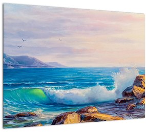 A sziklákat megütő hullámok képe, olajfestmény (70x50 cm)