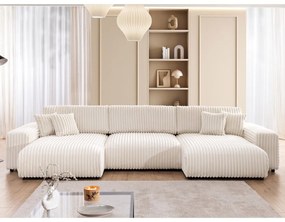 Krémszínű kordbársony kinyitható-tárolóhelyes (U alakú) sarokkanapé Sarina – Ropez