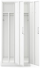 Pléh öltözőszekrény talpazaton, kétmodulos, polccal és köztes fallal KACPER, 800 x 1800 x 500 mm, fehér