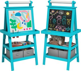 AIYAPLAY Gyermekek Kétoldalas Törölhető Fekete Tábla Papírtekercsel és 2 Tárolóedénnyel, mágneses Fehér Tábla, Fekete Színű Fa Festőállvány ajándéknak