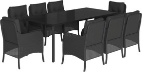 vidaXL 9 részes fekete polyrattan kerti étkezőgarnitúra párnákkal