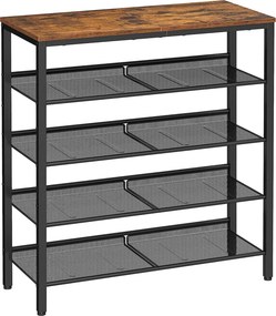 5 szintes cipőtartó 20–25 pár cipőhöz, 4 állítható hálós polccal, 75 x 28 x 93 cm, rusztikus barna és fekete
