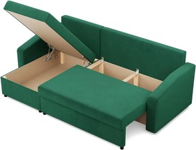 Zeus sarokkanapé, 2 ágyneműtartóval, döntött kartámasz, bársony, univerzális oldal, bonell töltet, zöld