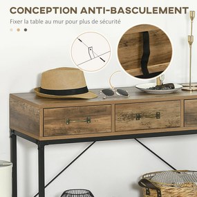 HOMCOM Konzol Asztal, Előszoba Asztal, Végi Asztal, Szénacél Váz, Könnyű Összeszerelés, 3 Fiókkal és 1 Fa Mintás Tálcával, Ipari Dizájn, 100 x 35 x 76