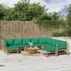 vidaXL 11 részes bambusz kerti ülőgarnitúra zöld párnákkal
