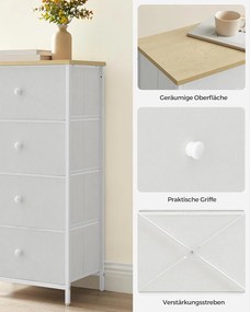 Fiókos szekrény hálószobába 4 szövetfiókkal, komód, 30 x 45 x 91,7 cm, fehér tölgy