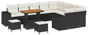 12 darabos kerti sofa készlet párnákkal fekete poly ratán akác, 3 darabos kerti étkező készlet párnákkal fekete poly ratán akác