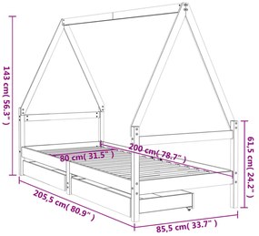fehér tömör fenyőfa gyerekágykeret fiókokkal 80 x 200 cm