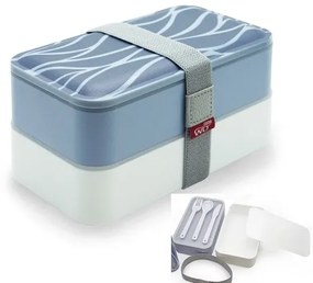 Műanyag lunch-box 2 rekeszes, műanyag evőeszközzel, hullámmintás