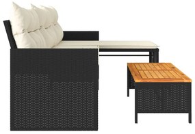 vidaXL L-alakú fekete polyrattan kerti kanapé asztallal és párnával