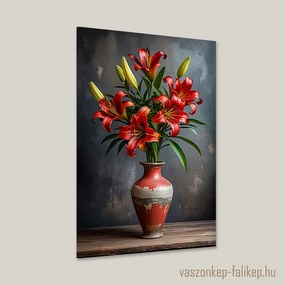 Piros liliom csokor rusztikus vázában – elegáns falikép 40x60cm