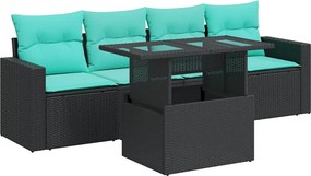 vidaXL 5 részes fekete polyrattan akácfa kerti kanapészett párnákkal