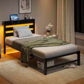 Egyszemélyes ágy Gyerekágy Fém ágy 90x200 Led Usb fekete