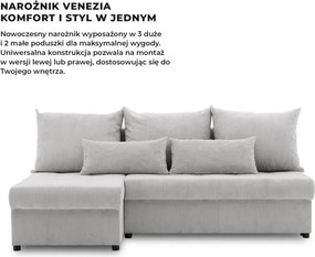 Venezia sarokkanapé, 3 ágyneműtartóval, kordbársony, univerzális oldal, hab töltet, szürke
