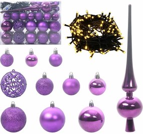 vidaXL Karácsonyi Díszgömb Készlet 150 LED-del 61 pcs Lila Műanyag