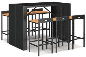 7 részes fekete polyrattan és tömör akácfa kerti bárszett