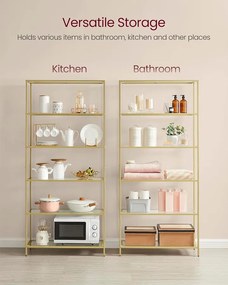 Könyvespolc, 6 szintes üvegpolc fém kerettel, arany színű